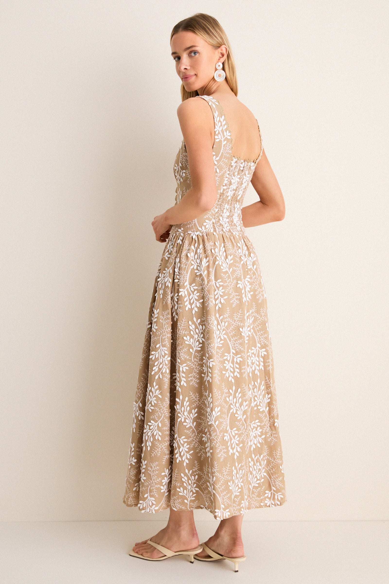 Mocha Square Neck Trim Corset Detail Midi Dress