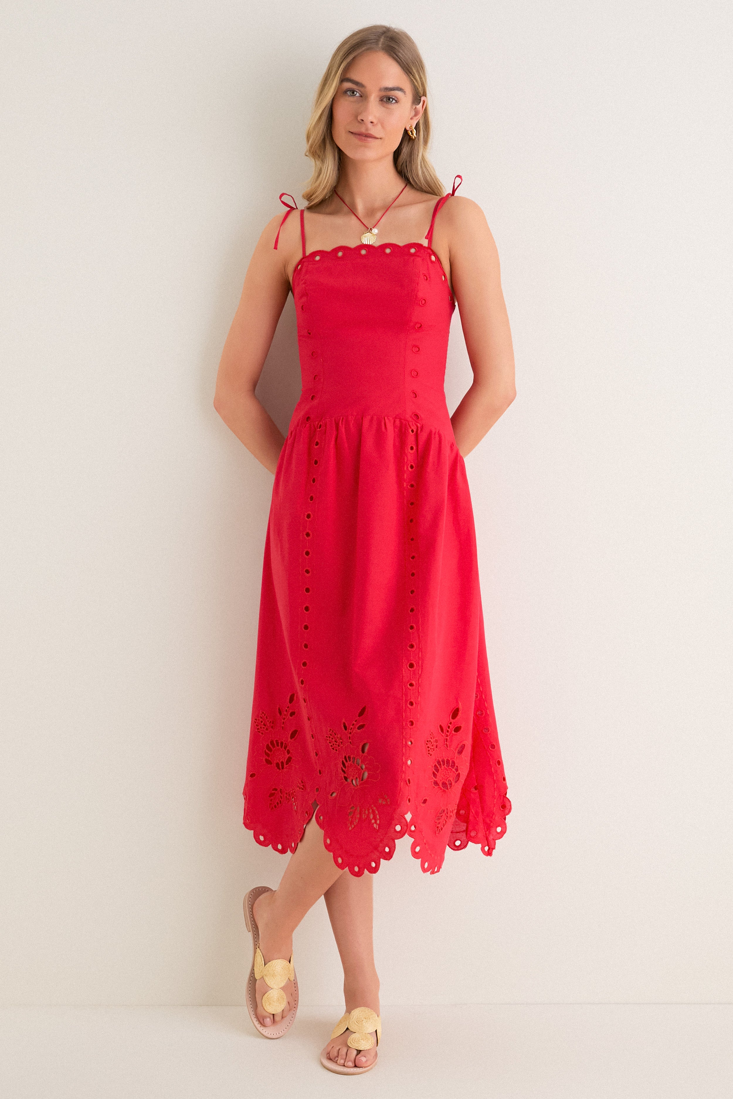Moon River Eyelet Midi Dress | Red | Size M