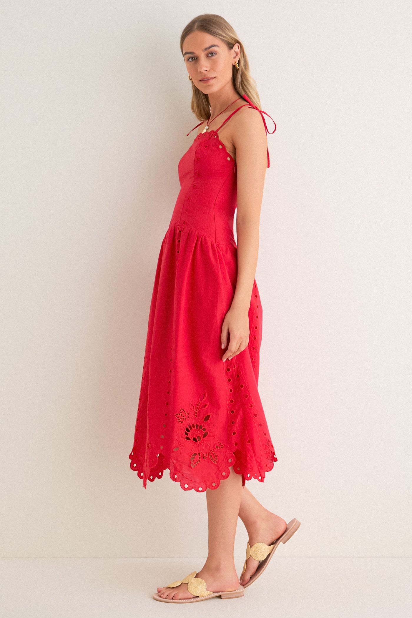Moon River Eyelet Midi Dress | Red | Size S Moon River Eyelet Midi Dress | Red | Size S