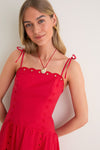 Red Eyelet Detail Midi Dress