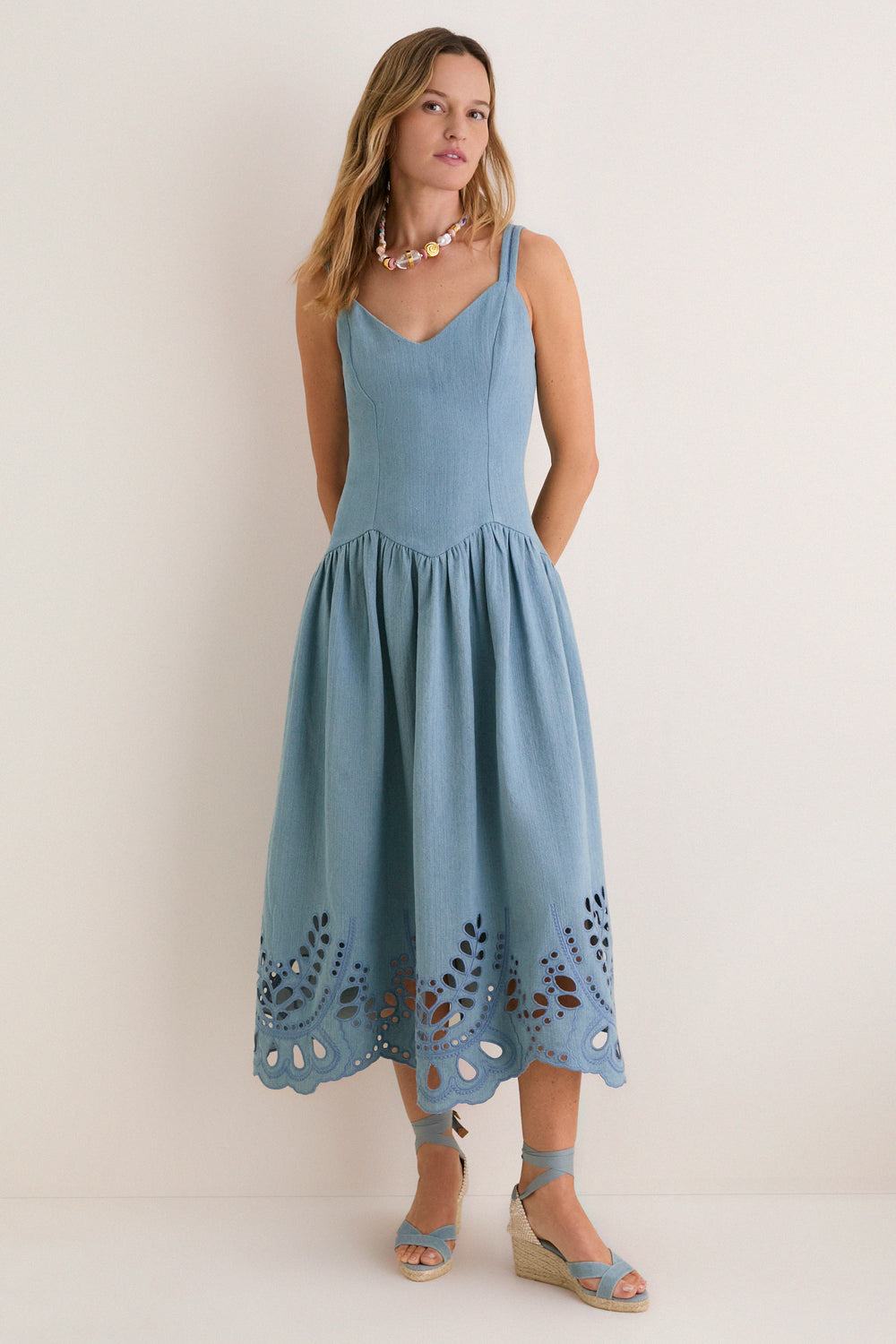 Light Blue V-Neck Eyelet Detail Midi Dress Moon River Light Blue / L