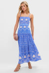 Young woman in a periwinkle-blue maxi dress showcases classic, fun, and high-end Light Tan Mylee Heels, embodying effortless elegance and confidence.