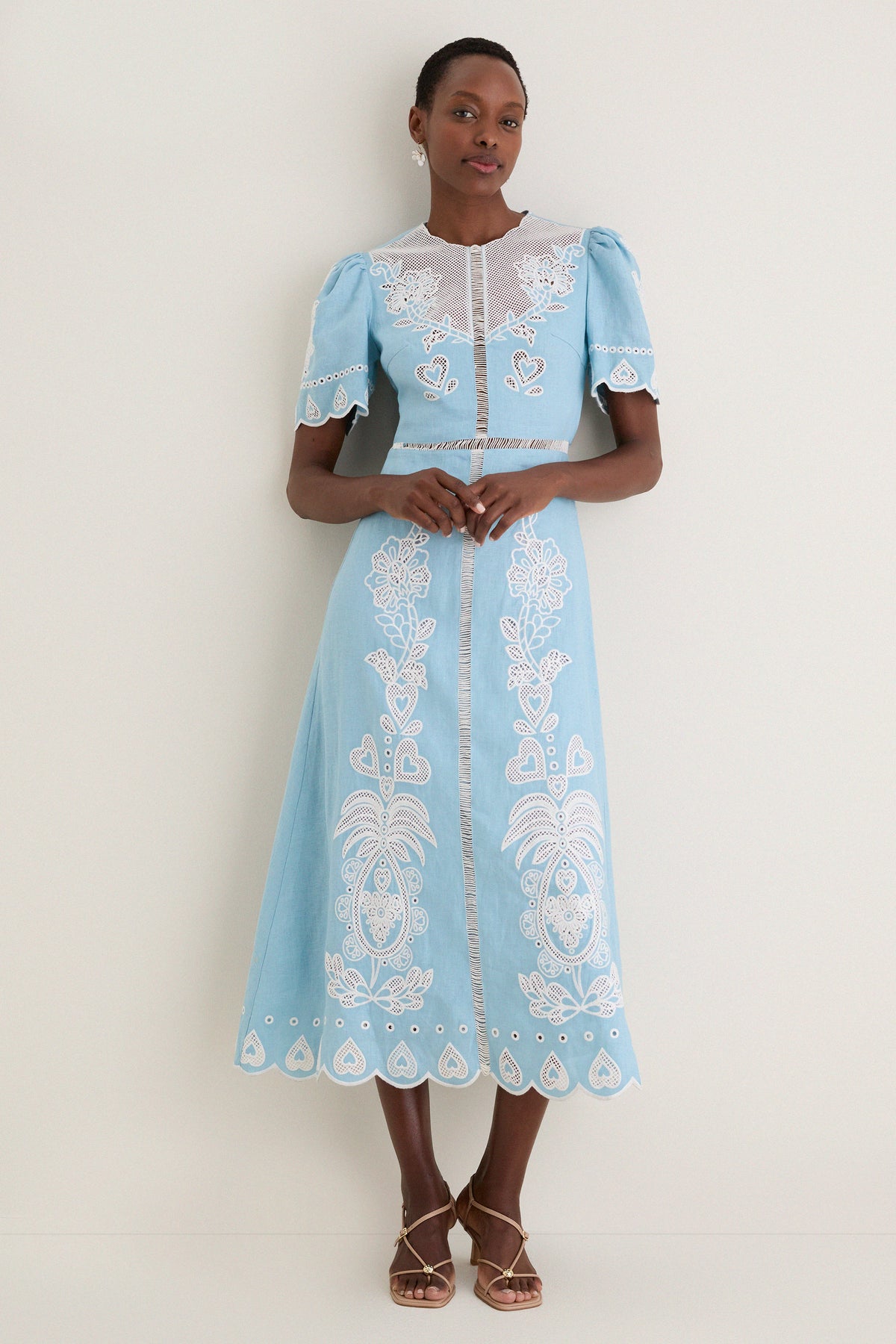 Farm Rio Light Blue Embroidery Short Sleeve Midi Dress Light Blue / M Farm Rio Light Blue Embroidery Short Sleeve Midi Dress Light Blue / M