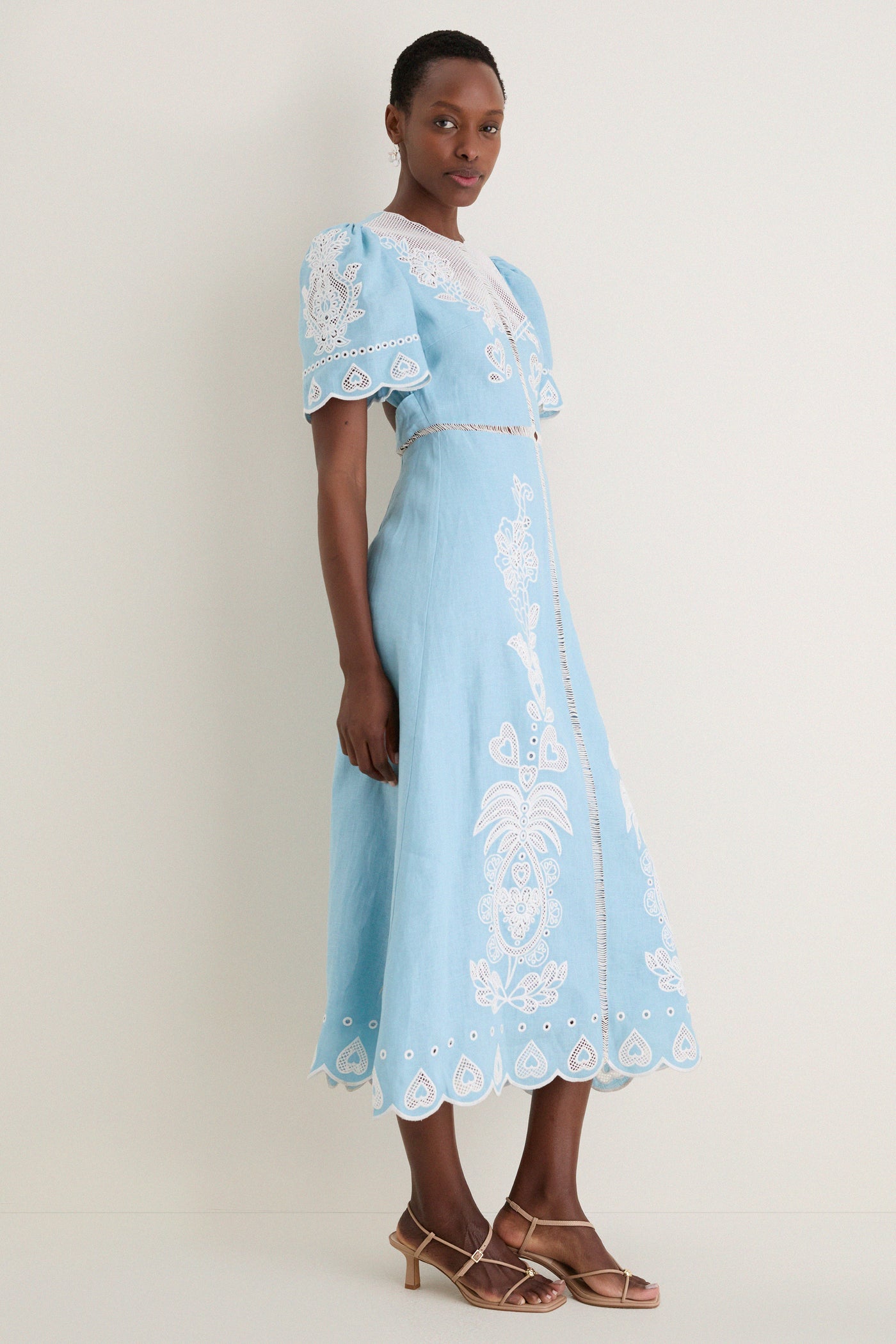 Farm Rio Light Blue Embroidery Short Sleeve Midi Dress Light Blue / M Farm Rio Light Blue Embroidery Short Sleeve Midi Dress Light Blue / M