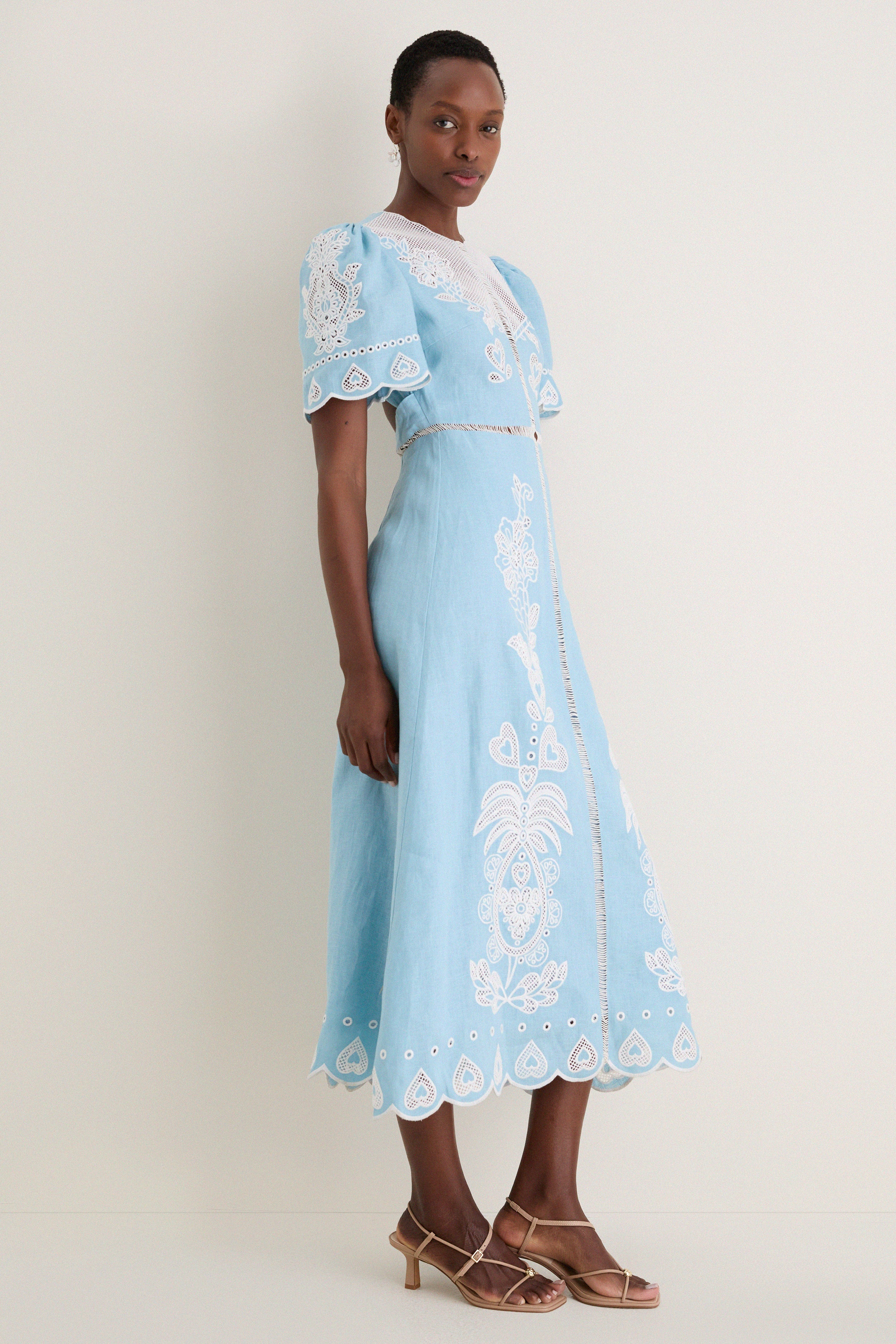 Farm Rio Light Blue Embroidery Short Sleeve Midi Dress Light Blue / L