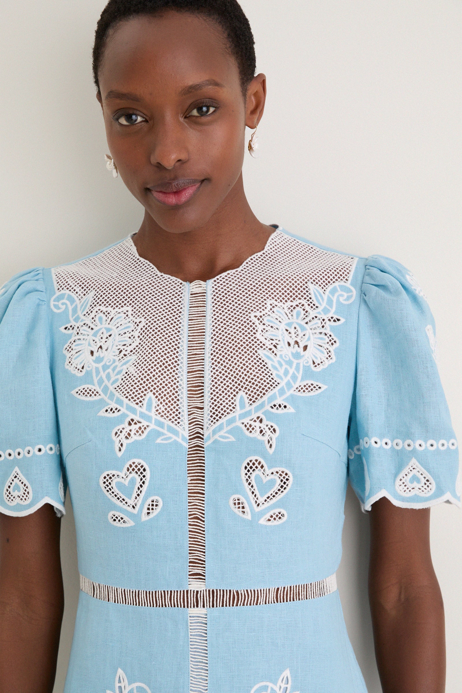 Farm Rio Light Blue Embroidery Short Sleeve Midi Dress Light Blue / M Farm Rio Light Blue Embroidery Short Sleeve Midi Dress Light Blue / M