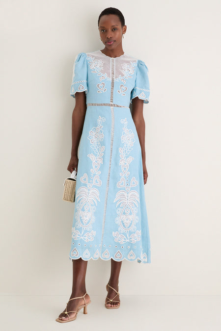 Light Blue Embroidery Short Sleeve Midi Dress