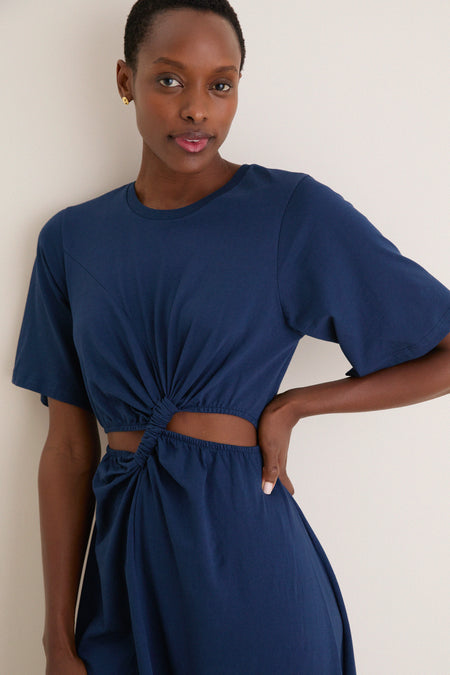 Dark Blue Short Sleeve Midi Dress