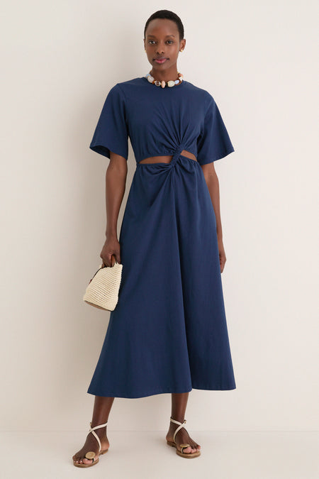 Dark Blue Short Sleeve Midi Dress
