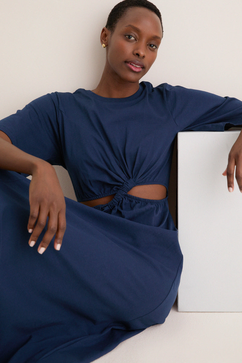 Dark Blue Short Sleeve Midi Dress