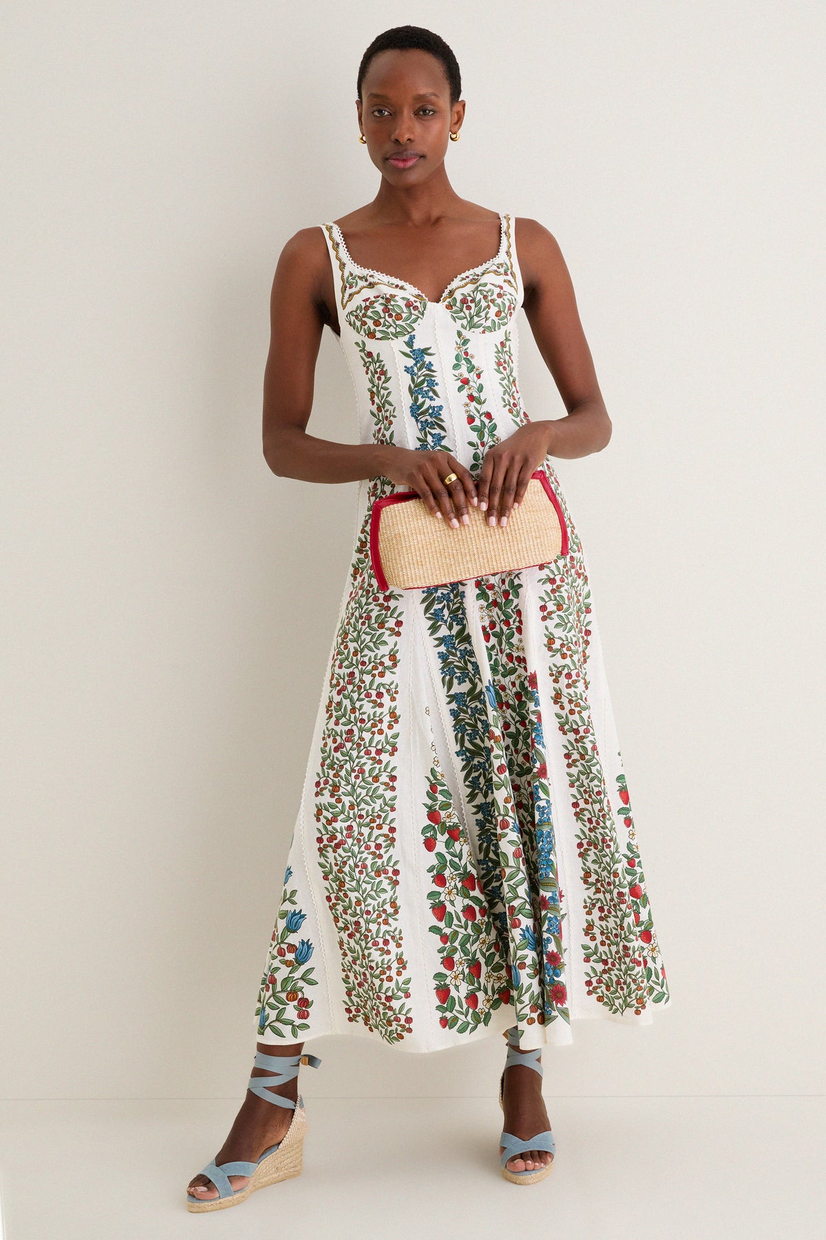 knee length dresses for ladies Ivory Colorful Floral and Fruit Print Maxi Dress
