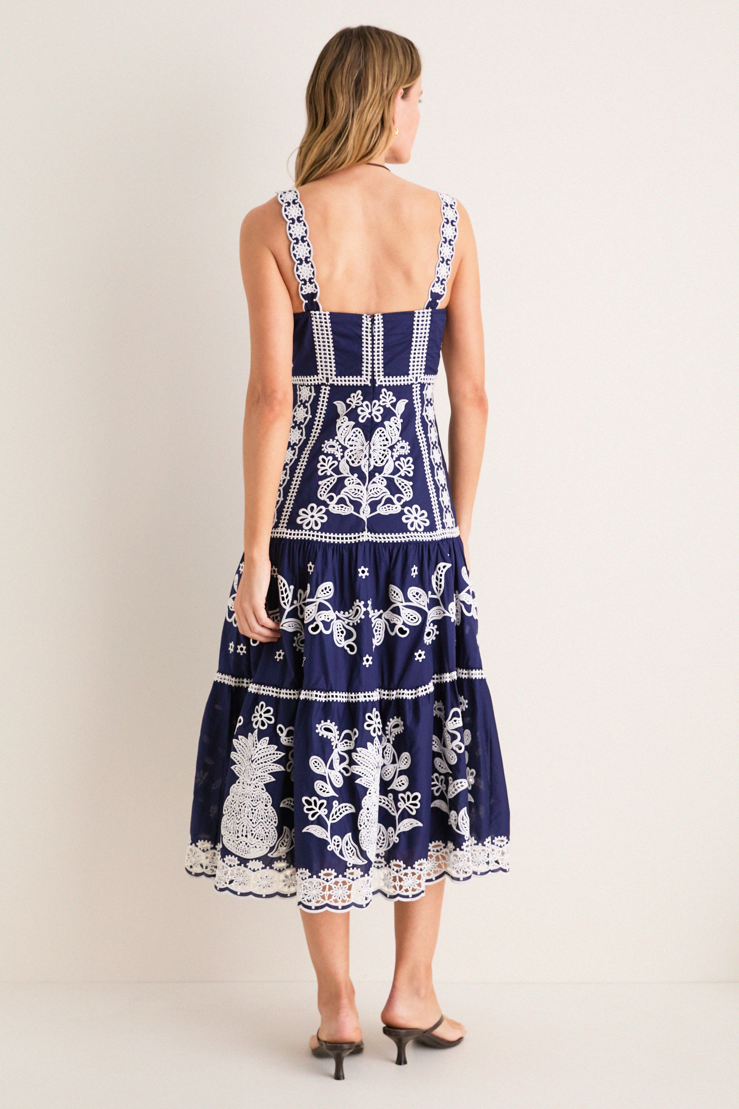 Farm Rio Richelieu Midi Dress - Blue/White, M Farm Rio Richelieu Midi Dress - Blue/White, M