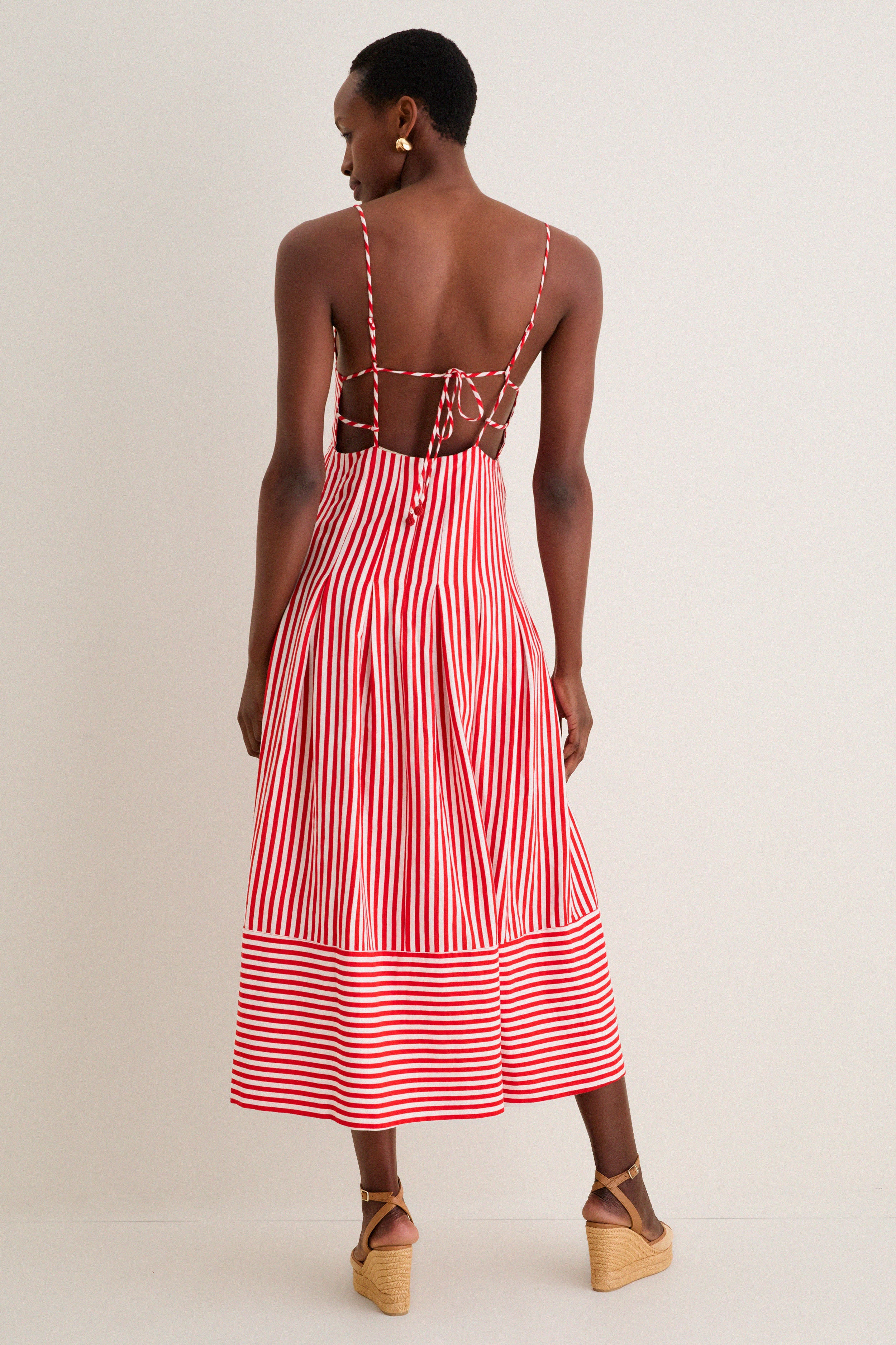 red striped dress Women's The Amanda Pink & Stripe Cotton Strapless Midi | Size: M this strapless silhouette features bold Cute Red and Light Blue