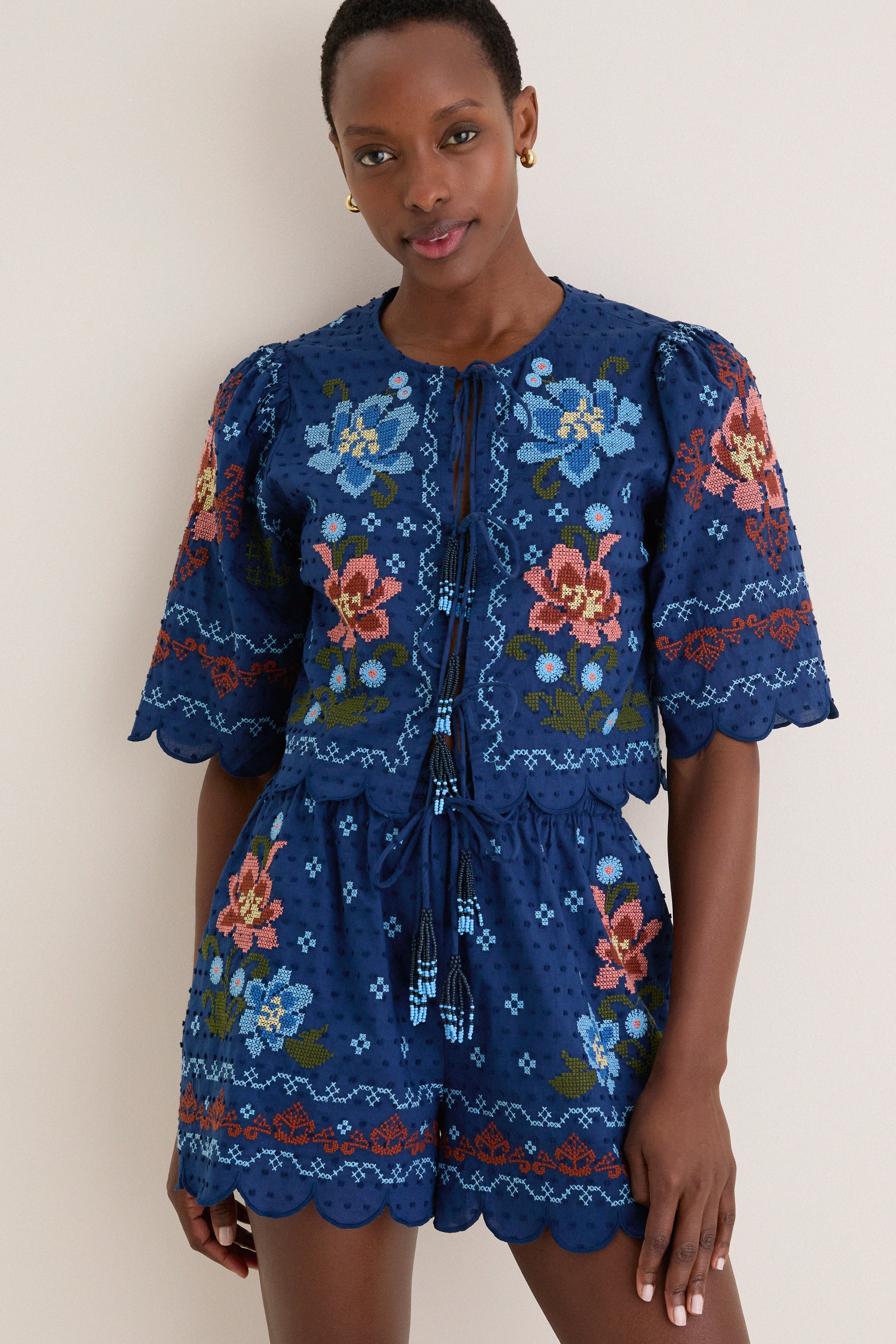 Stitched Garden Dark Blue Tie Front Blouse | Farm Rio