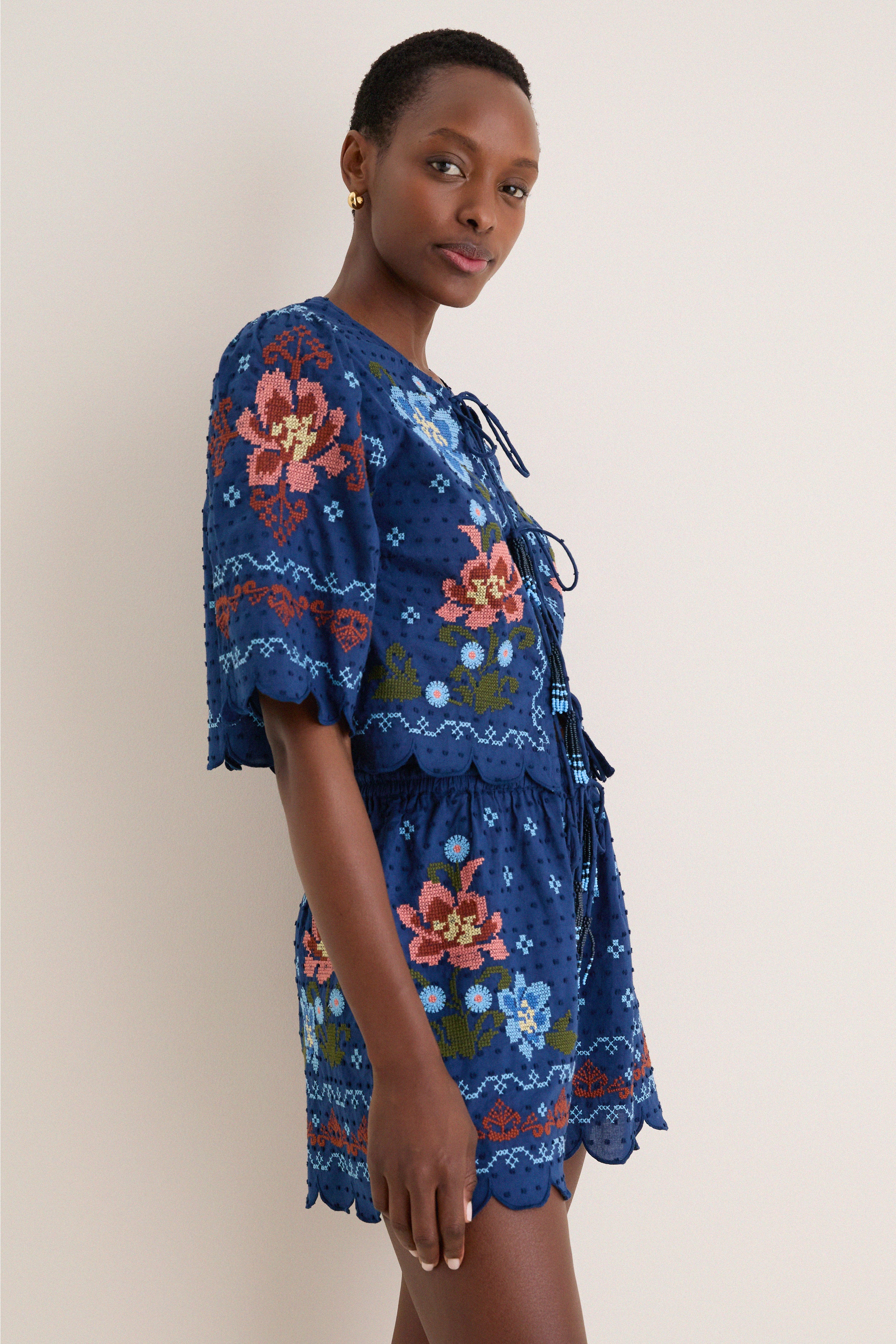 Stitched Garden Dark Blue Tie Front Blouse | Farm Rio