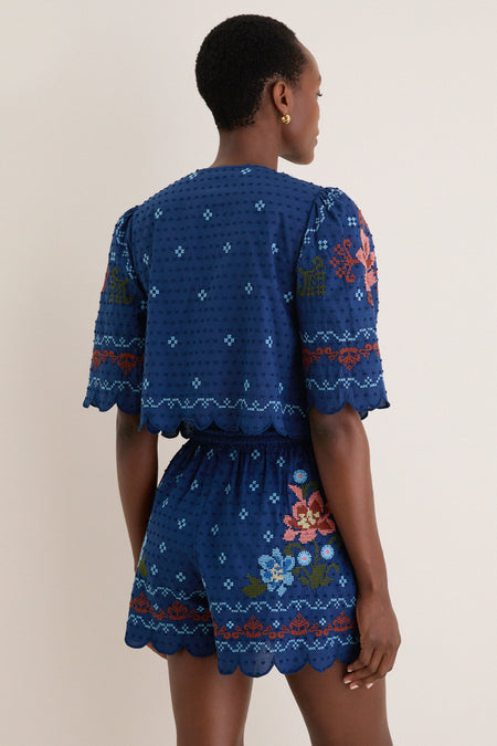 Stitched Garden Dark Blue Tie Front Blouse