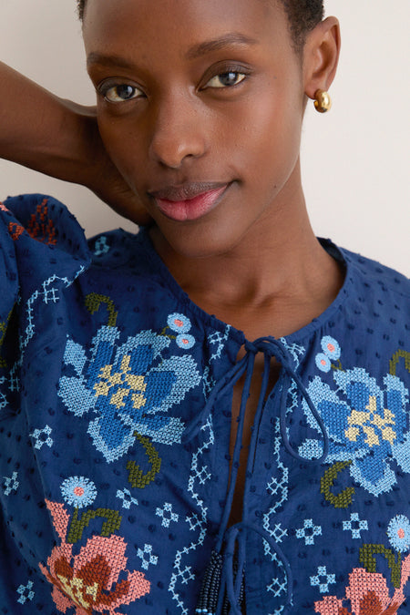 Stitched Garden Dark Blue Tie Front Blouse