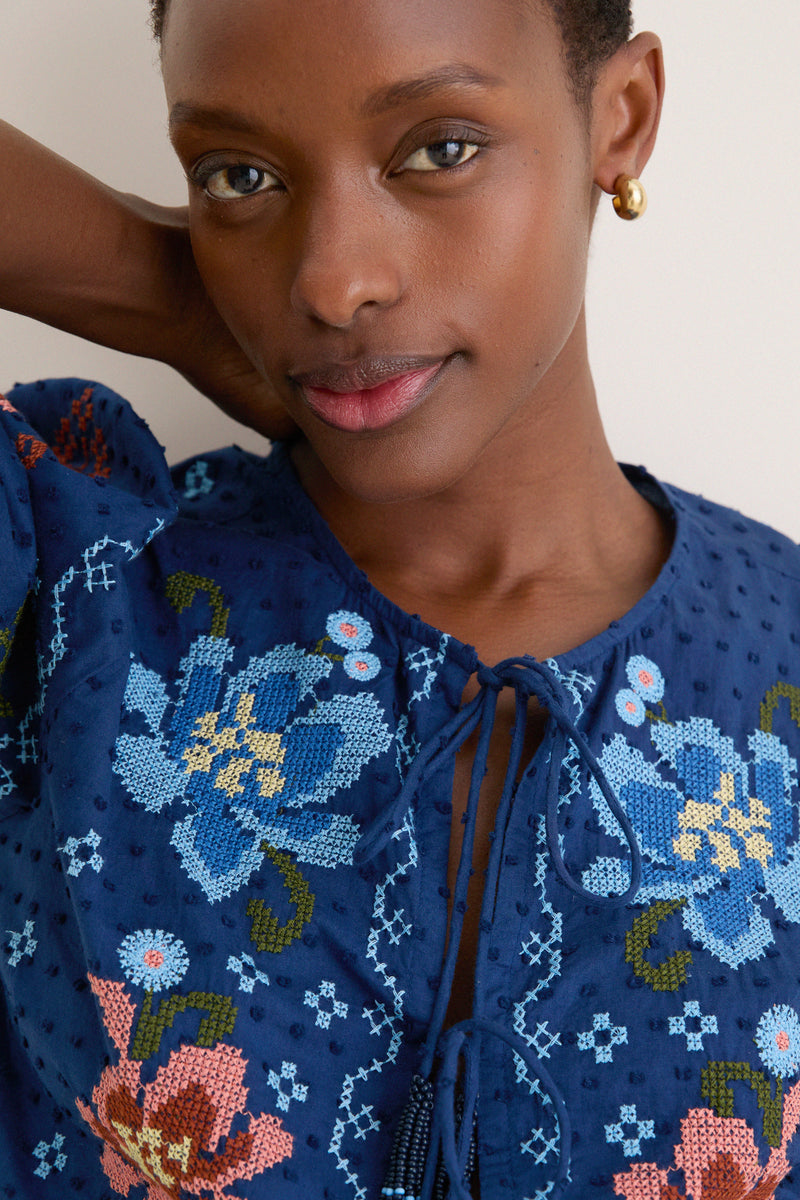 Stitched Garden Dark Blue Tie Front Blouse