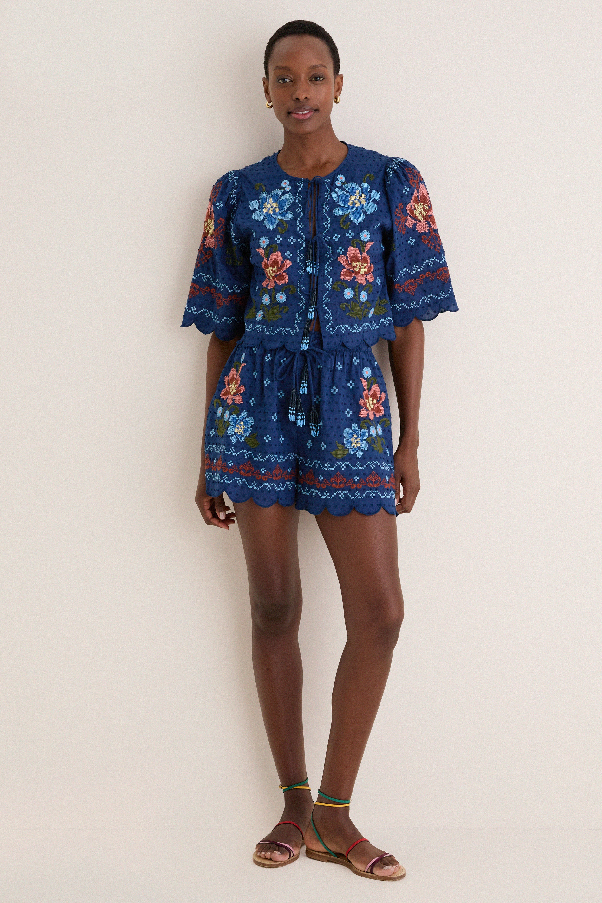 Stitched Garden Dark Blue Tie Front Blouse | Farm Rio