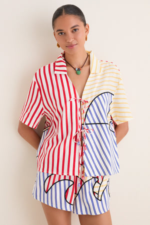 Navy Stripes Off-White Tie Front Blouse