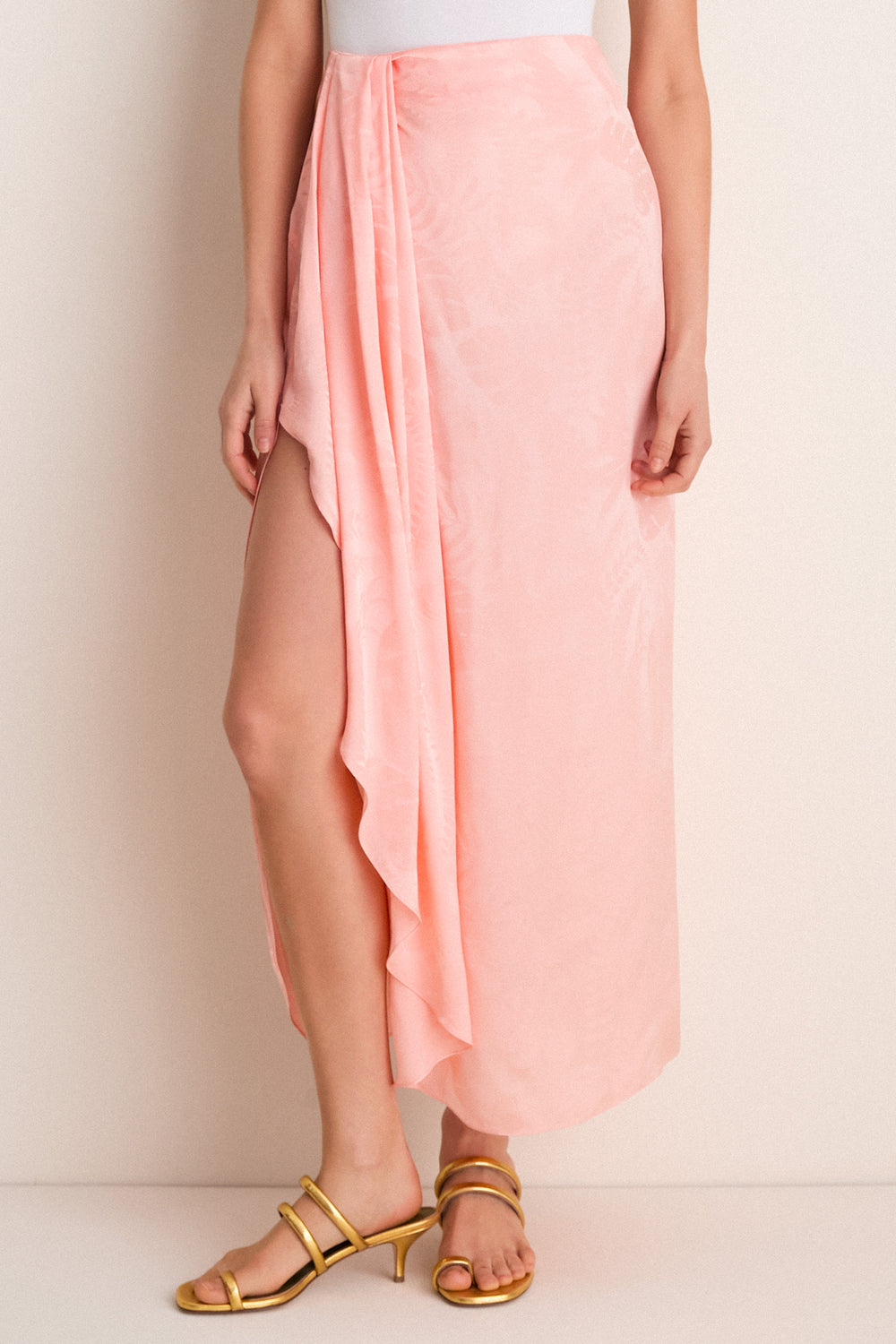 Peach Myanmar Silk Jacquard Midi Skirt