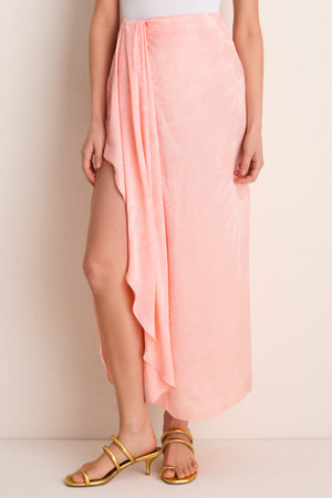 Peach Myanmar Silk Jacquard Midi Skirt