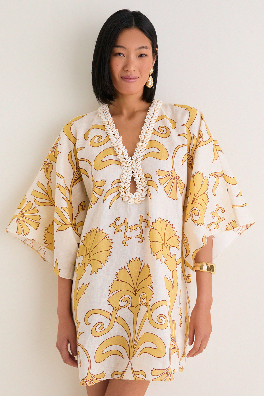 Yellow Flowers Andina Hand-Embroidered Linen Mini Tunic Yellow Flowers Andina Hand-Embroidered Linen Mini Tunic
