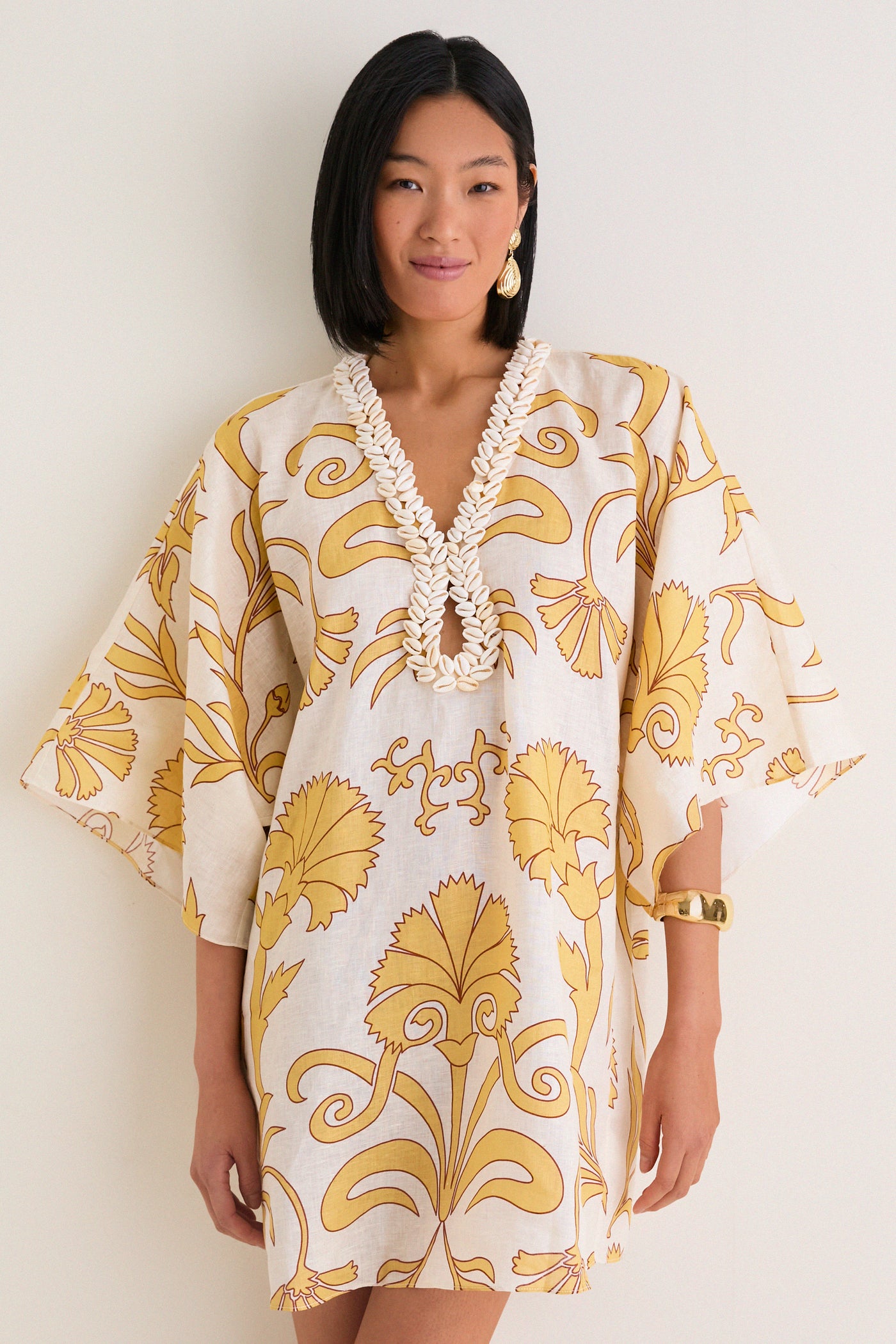 Yellow Flowers Andina Hand-Embroidered Linen Mini Tunic