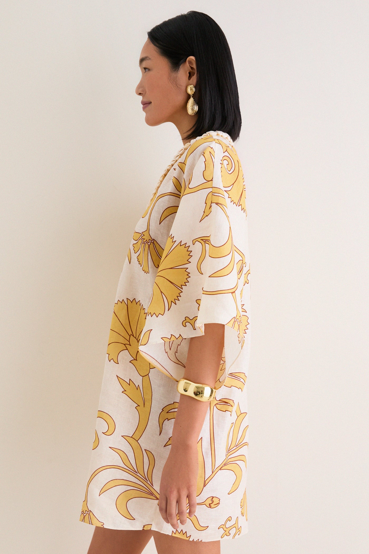 Yellow Flowers Andina Hand-Embroidered Linen Mini Tunic | Juan de Dios Yellow Flowers Andina Hand-Embroidered Linen Mini Tunic | Juan de Dios