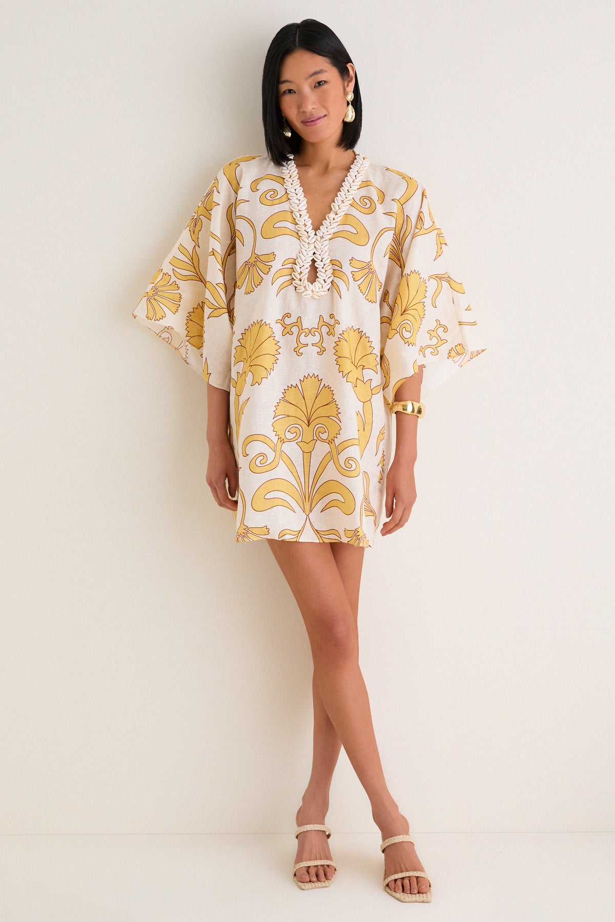 Yellow Flowers Andina Hand-Embroidered Linen Mini Tunic
