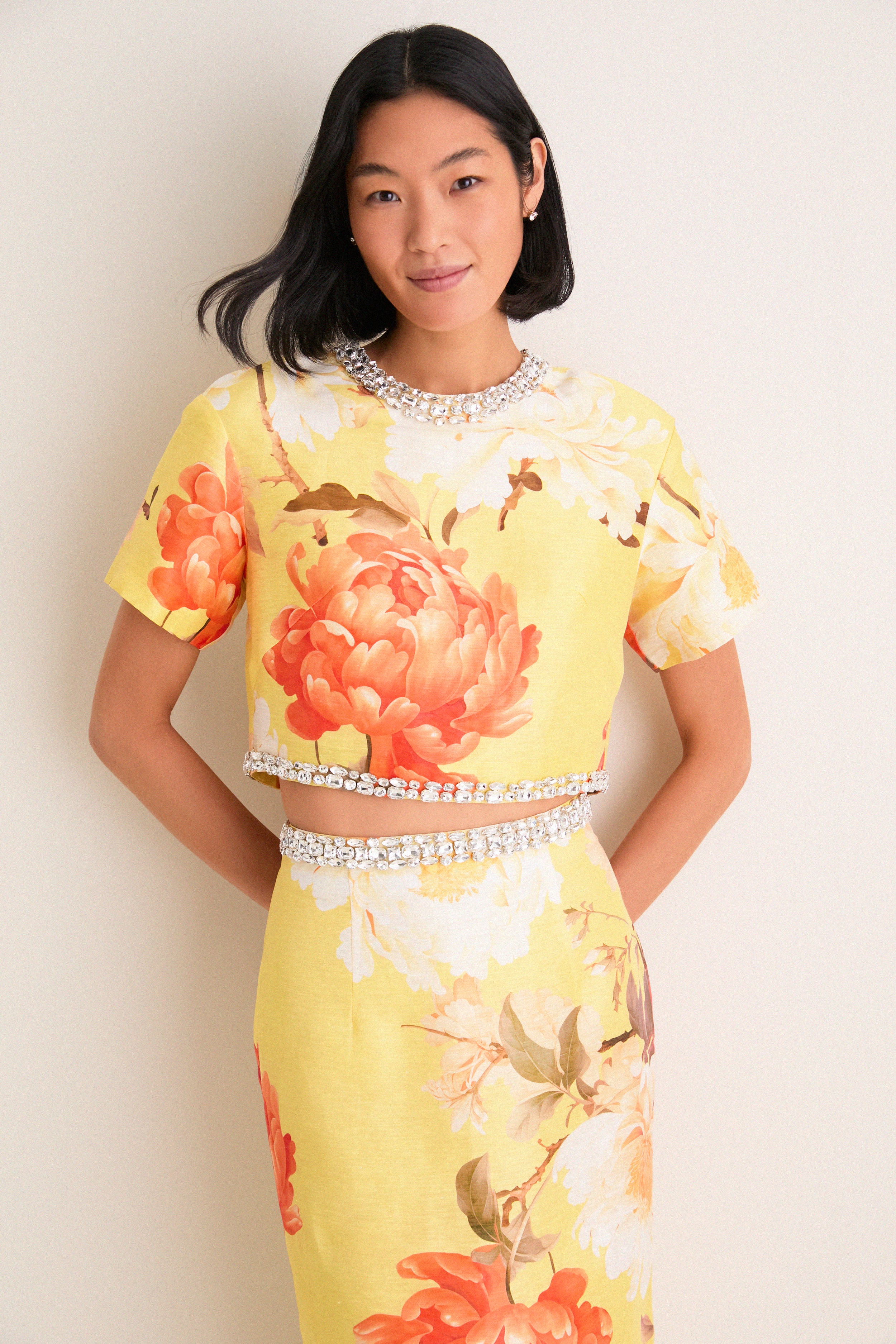 Yellow Peony Print Indie Embellished Sleeve Top | Leo Lin