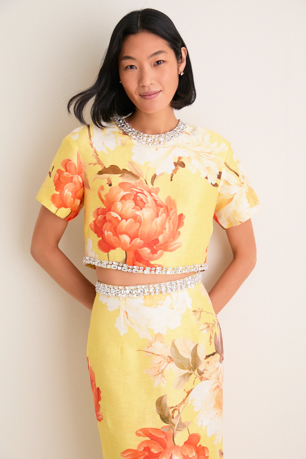 Yellow Peony Print Indie Embellished Sleeve Top