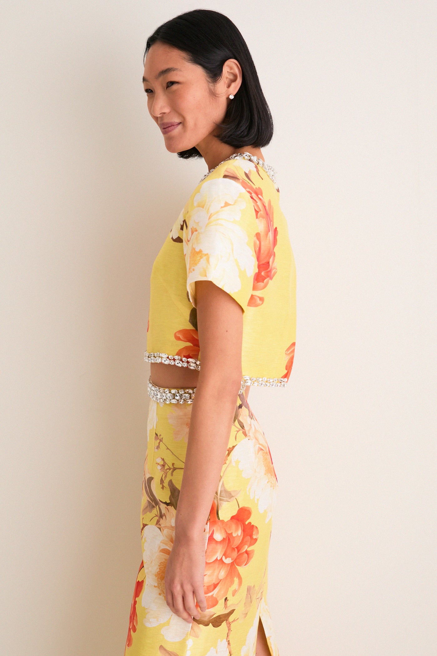 Yellow Peony Print Indie Embellished Sleeve Top