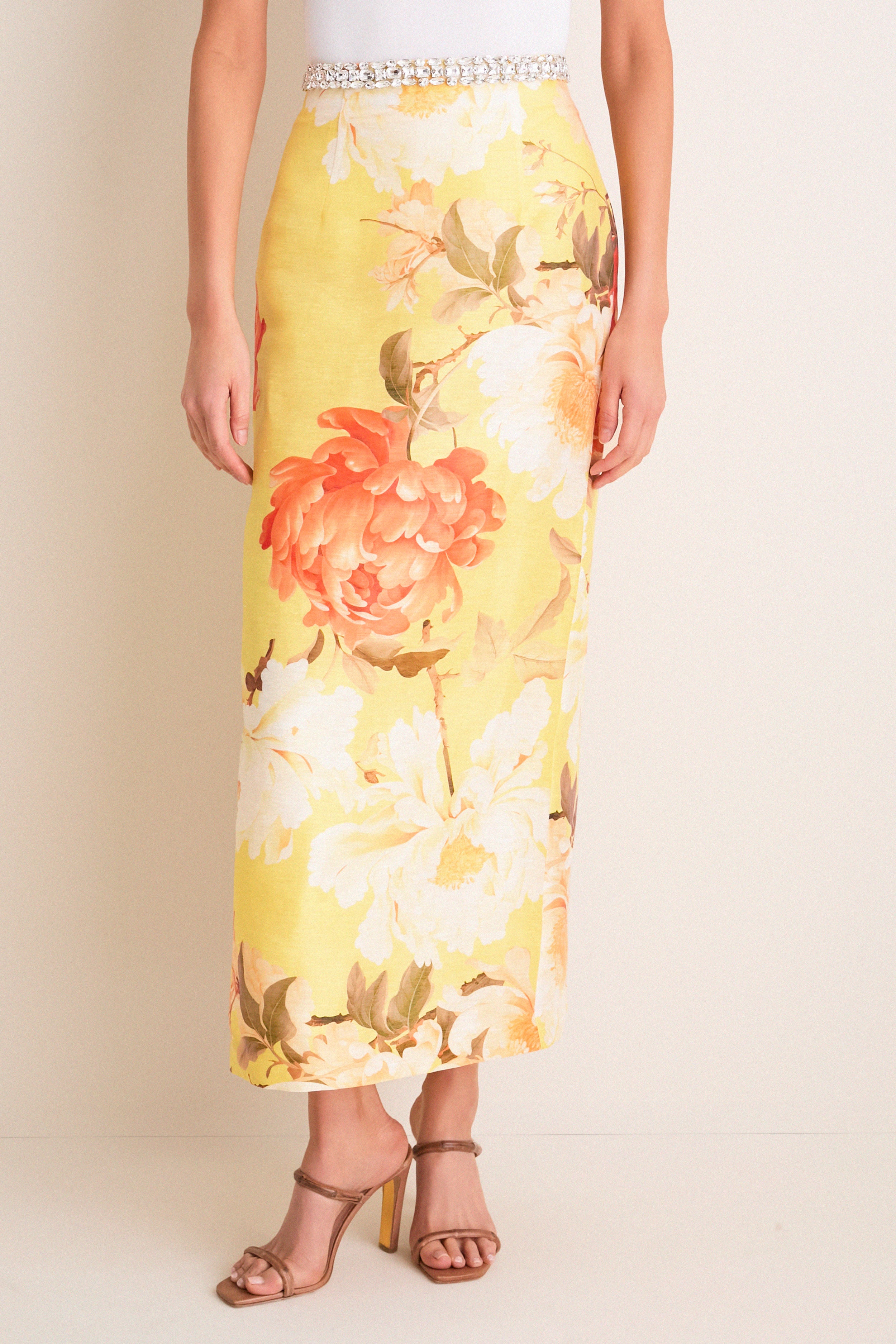 Yellow Peony Print Kyra Embellished Maxi Skirt | Leo Lin