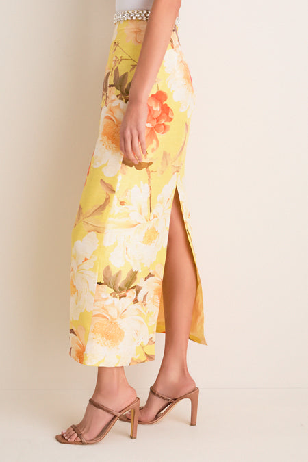 Yellow Peony Print Kyra Embellished Maxi Skirt