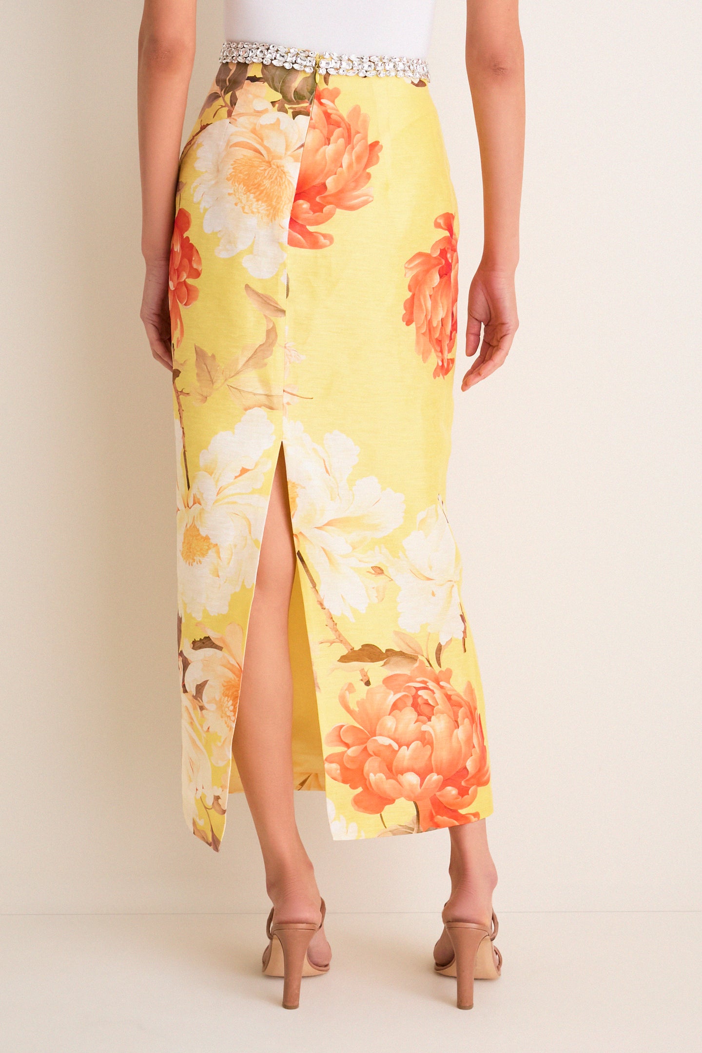 Yellow Peony Print Kyra Embellished Maxi Skirt