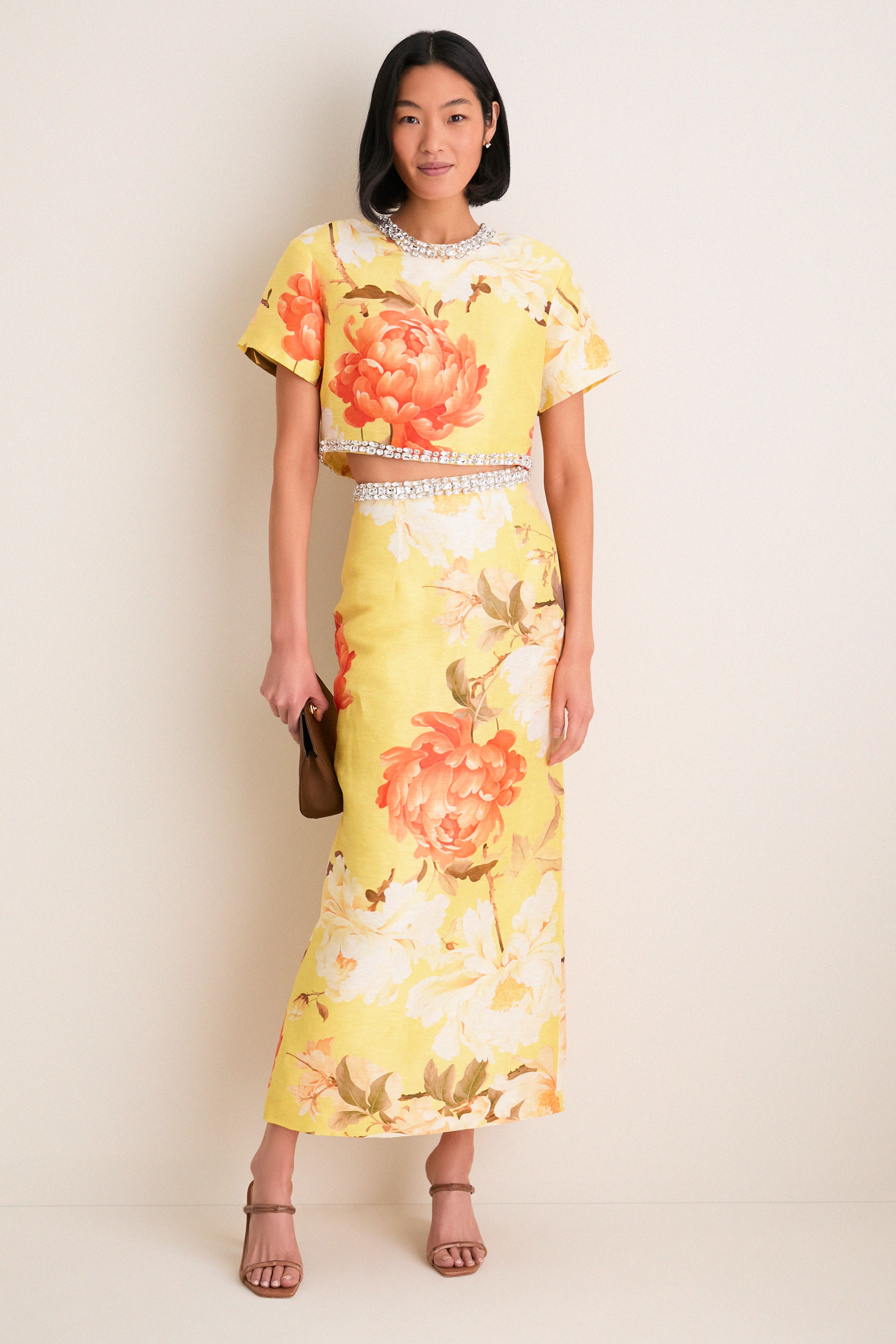 Yellow Peony Print Kyra Embellished Maxi Skirt | Leo Lin