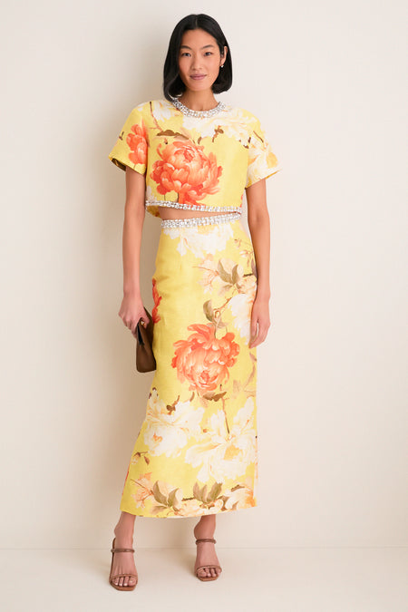 Yellow Peony Print Kyra Embellished Maxi Skirt