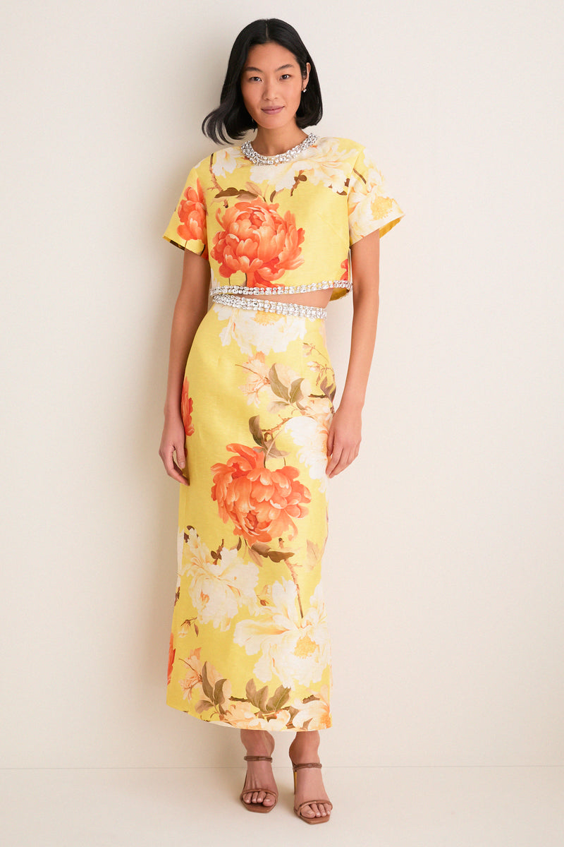 Yellow Peony Print Kyra Embellished Maxi Skirt