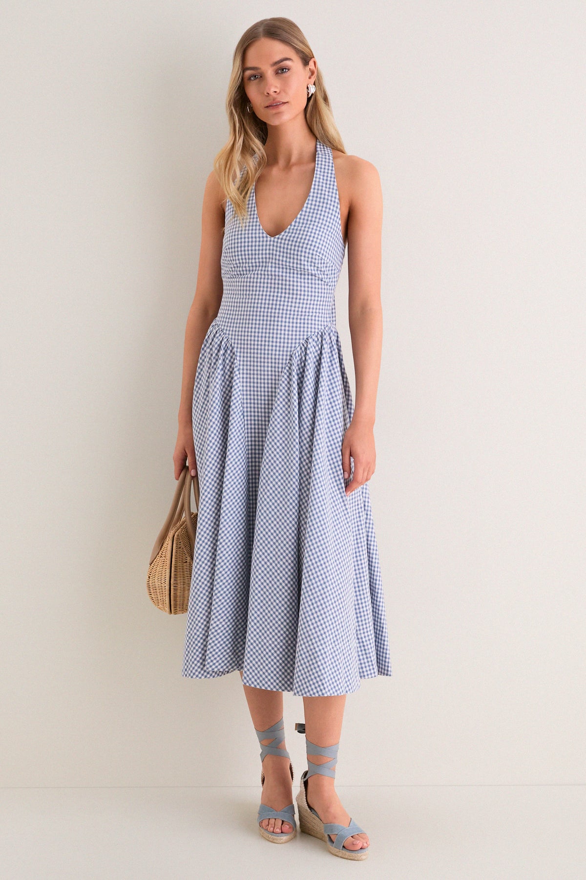 Blue Gingham Meana Halter Midi Dress