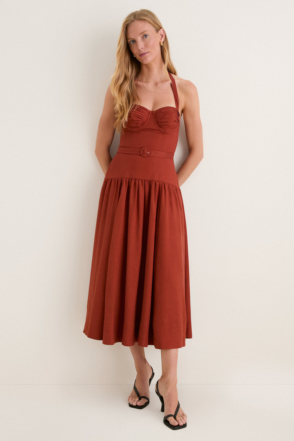 ASTR the Label | Katinka Belted Halter Midi Dress in Rust