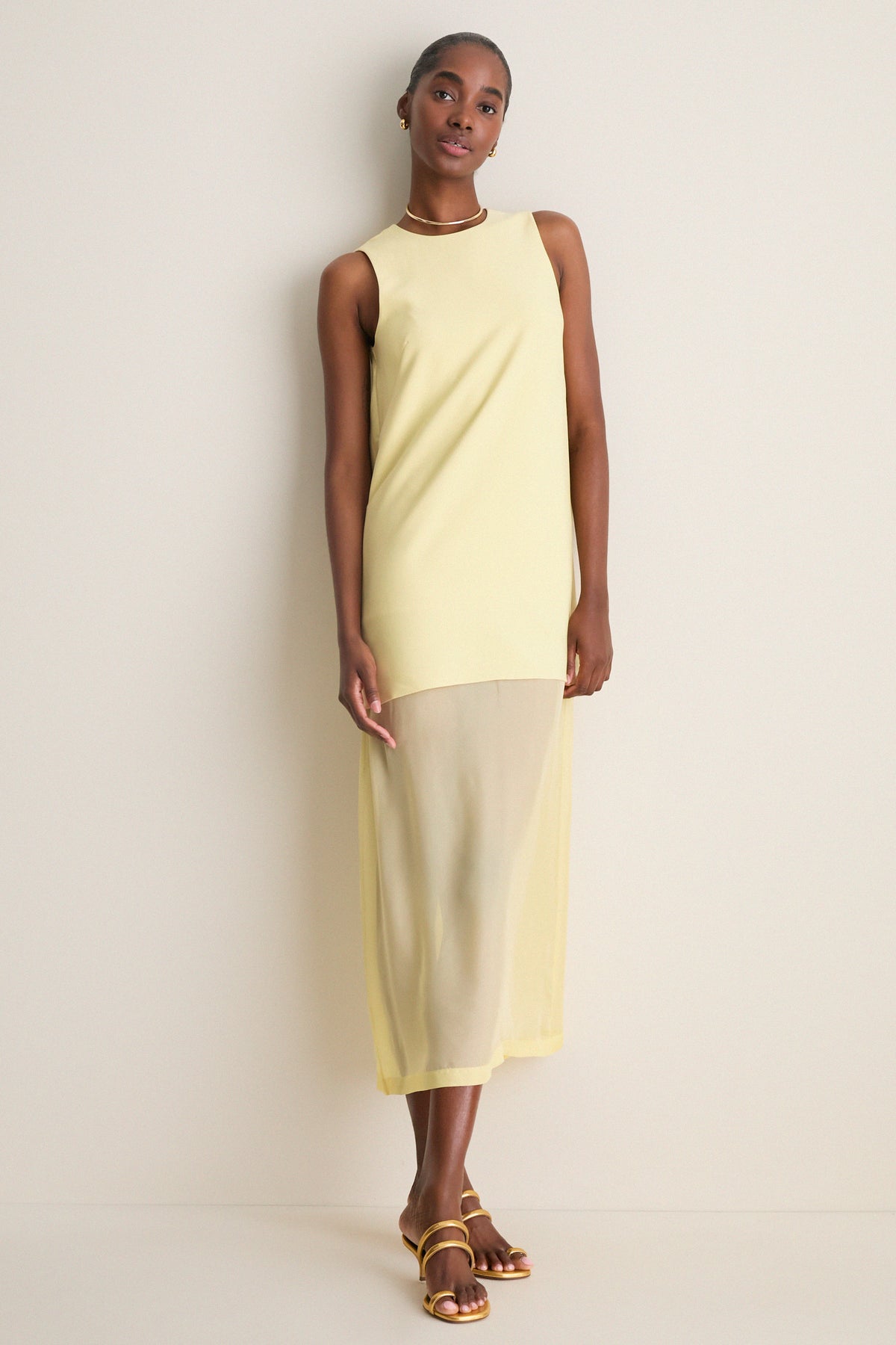Pale Yellow Bonotto Crepe and Silk Chiffon Dress