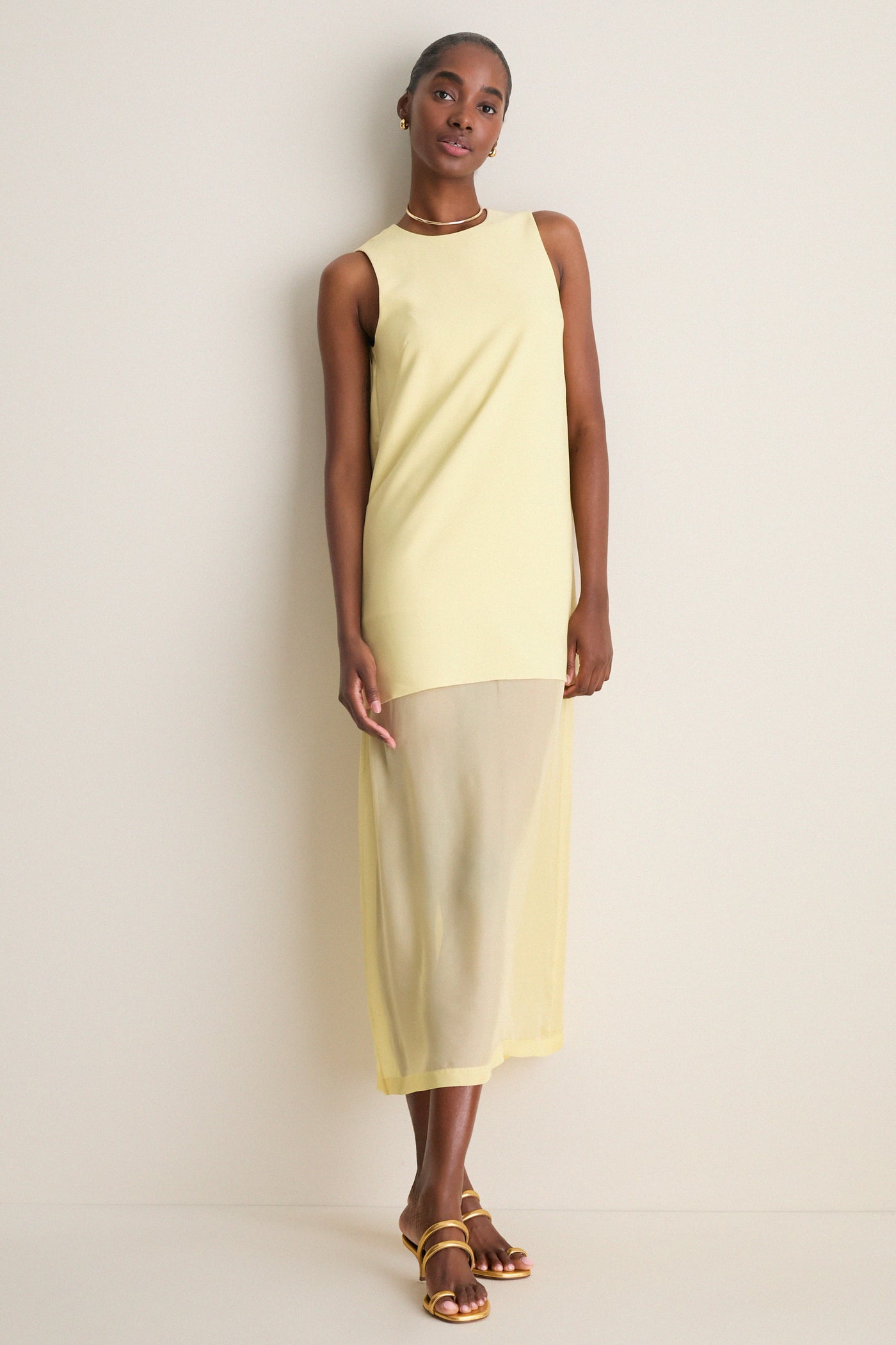 Pale Yellow Bonotto Crepe and Silk Chiffon Dress