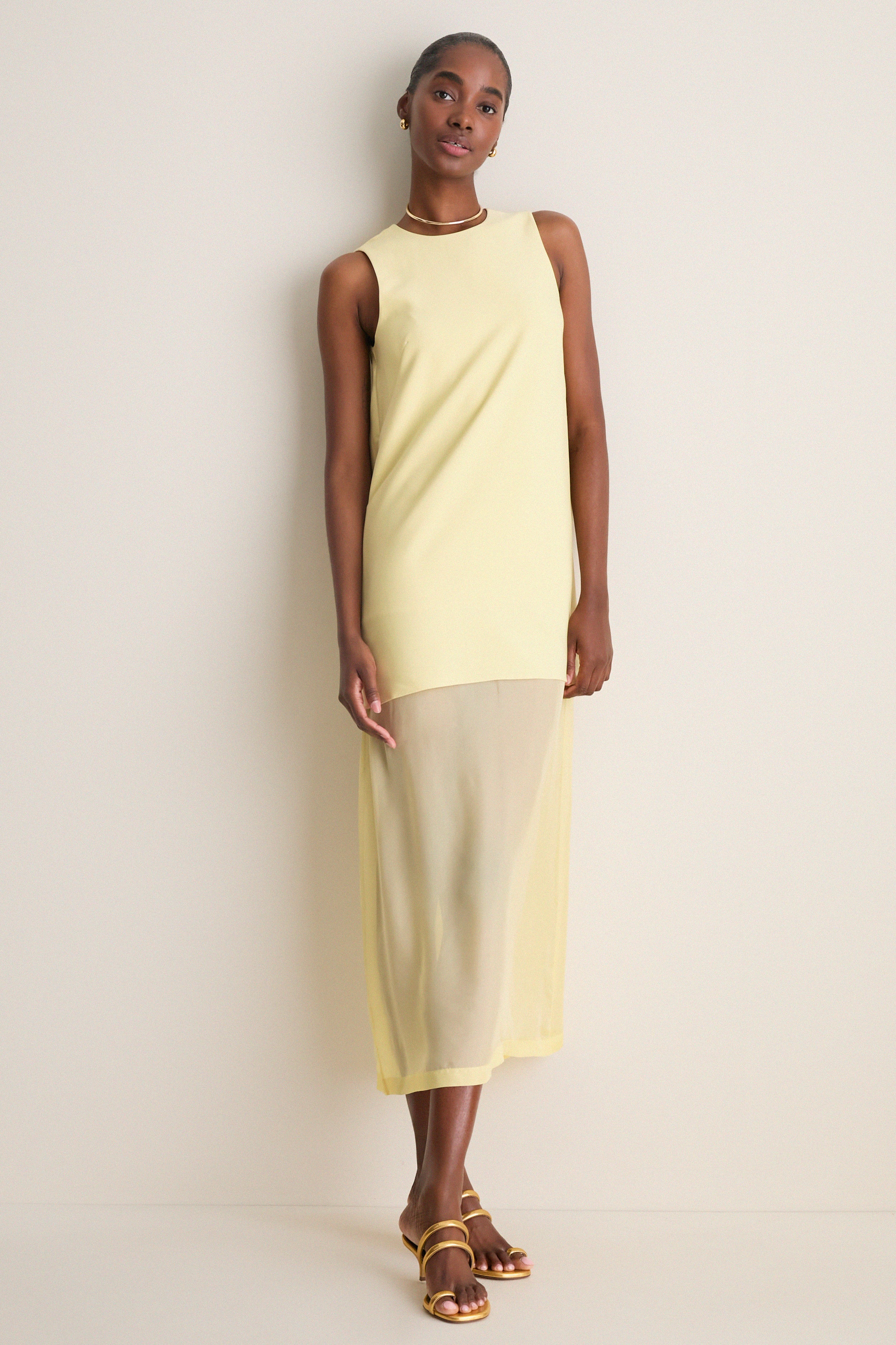 Pale Yellow Bonotto Crepe and Silk Chiffon Dress