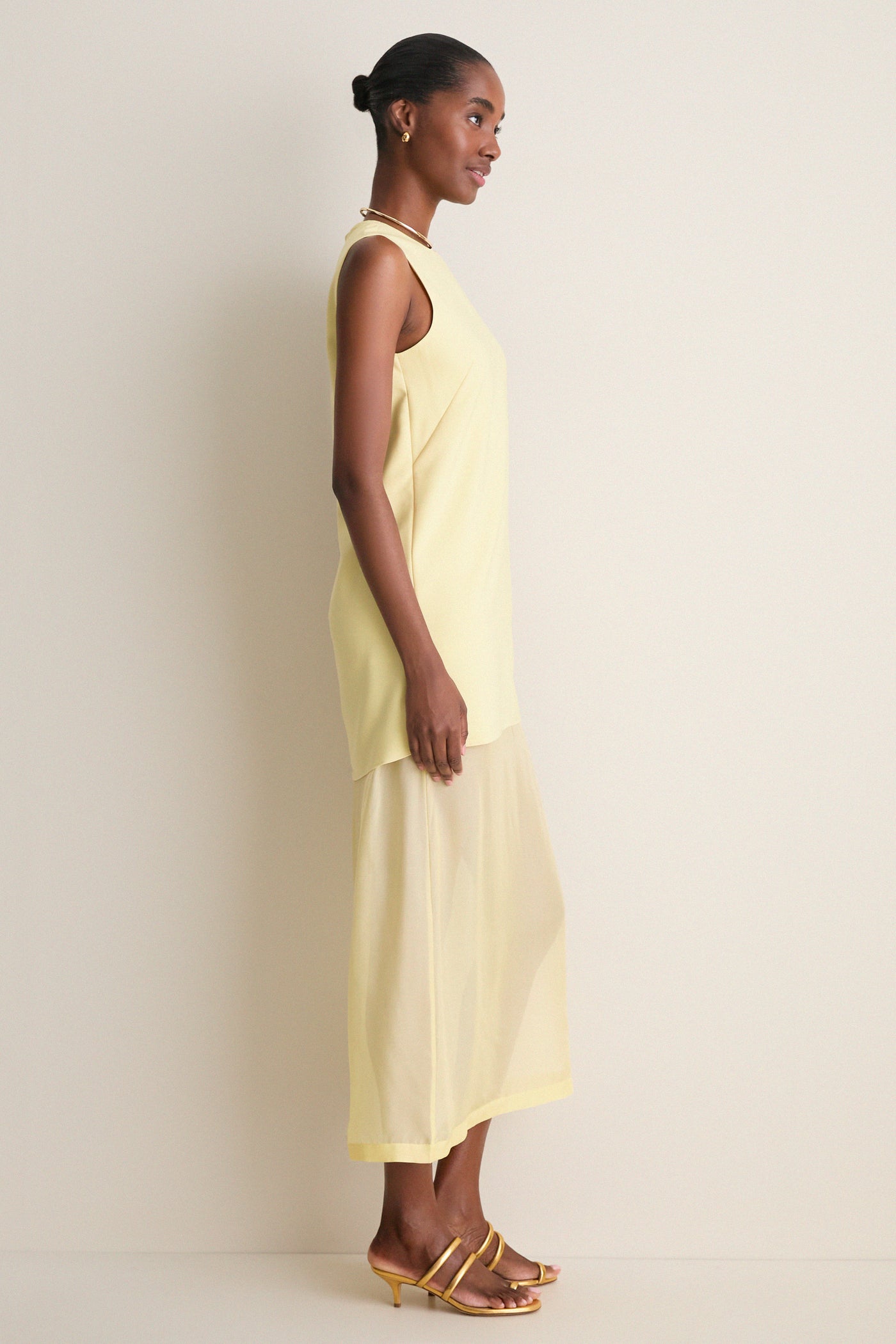 Pale Yellow Bonotto Crepe and Silk Chiffon Dress