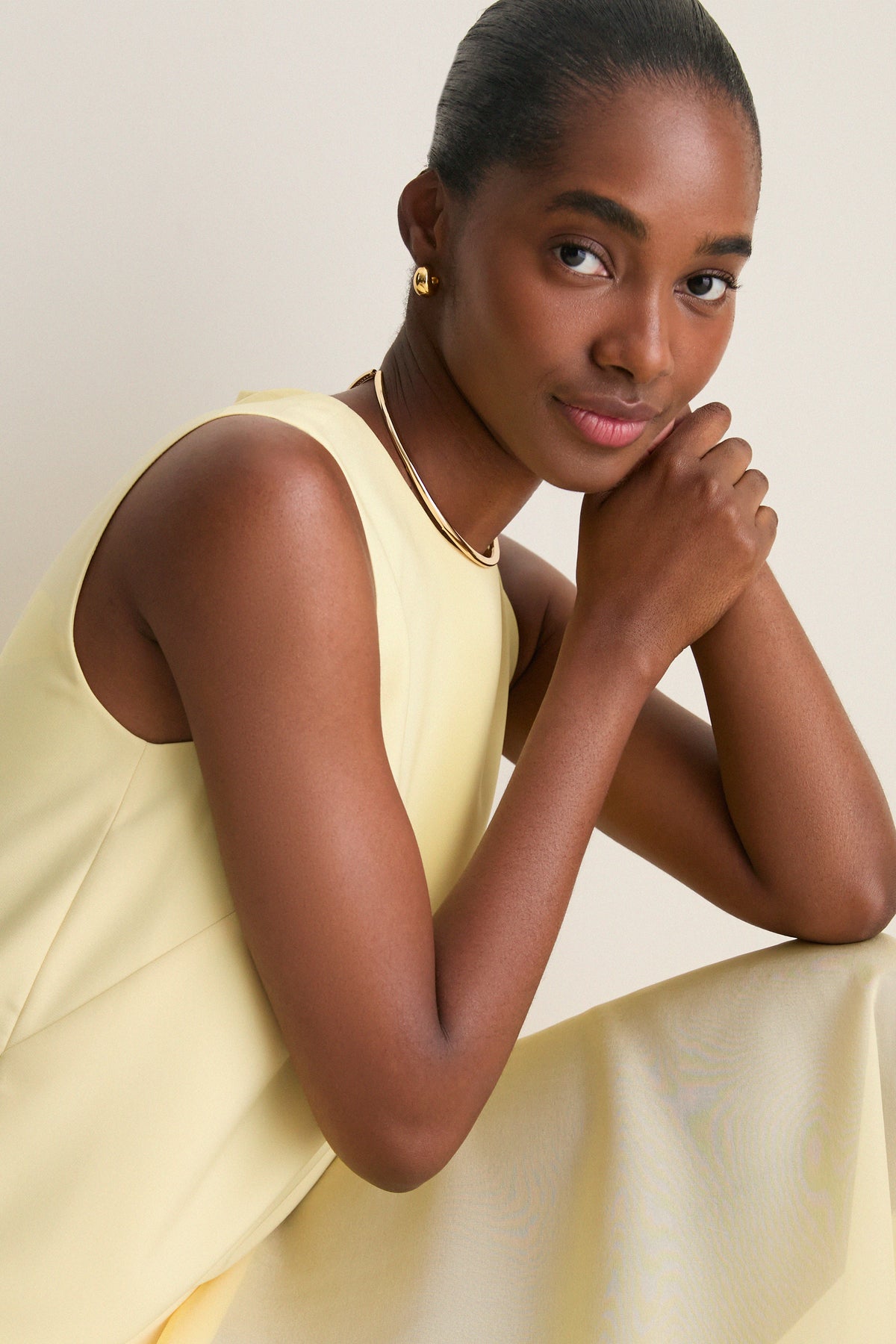 Pale Yellow Bonotto Crepe and Silk Chiffon Dress