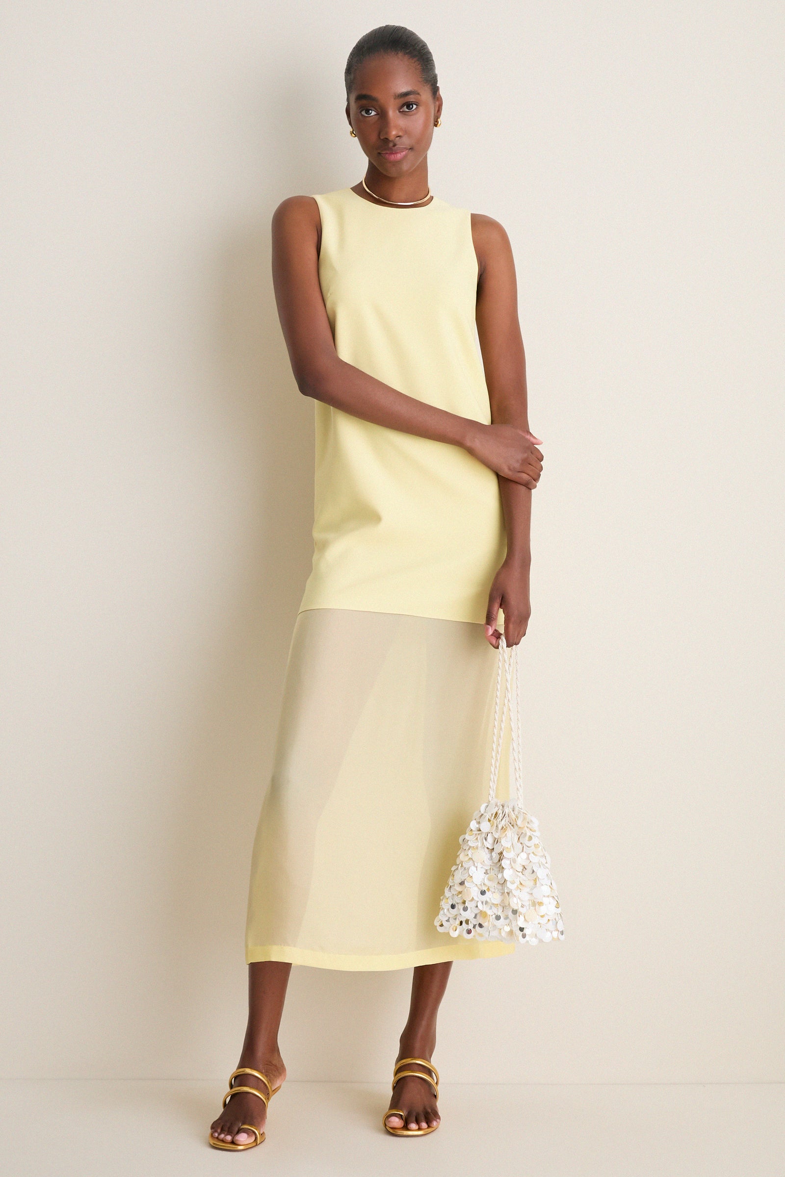 Pale Yellow Bonotto Crepe and Silk Chiffon Dress