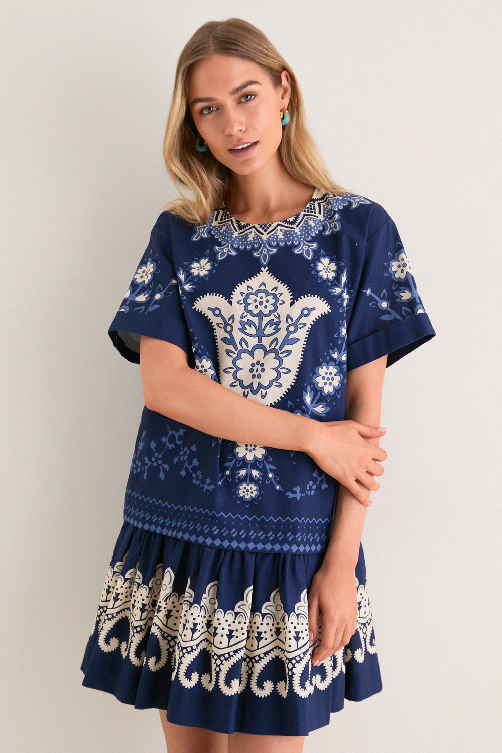 Navy Emelina Print Short Sleeve Mini Dress