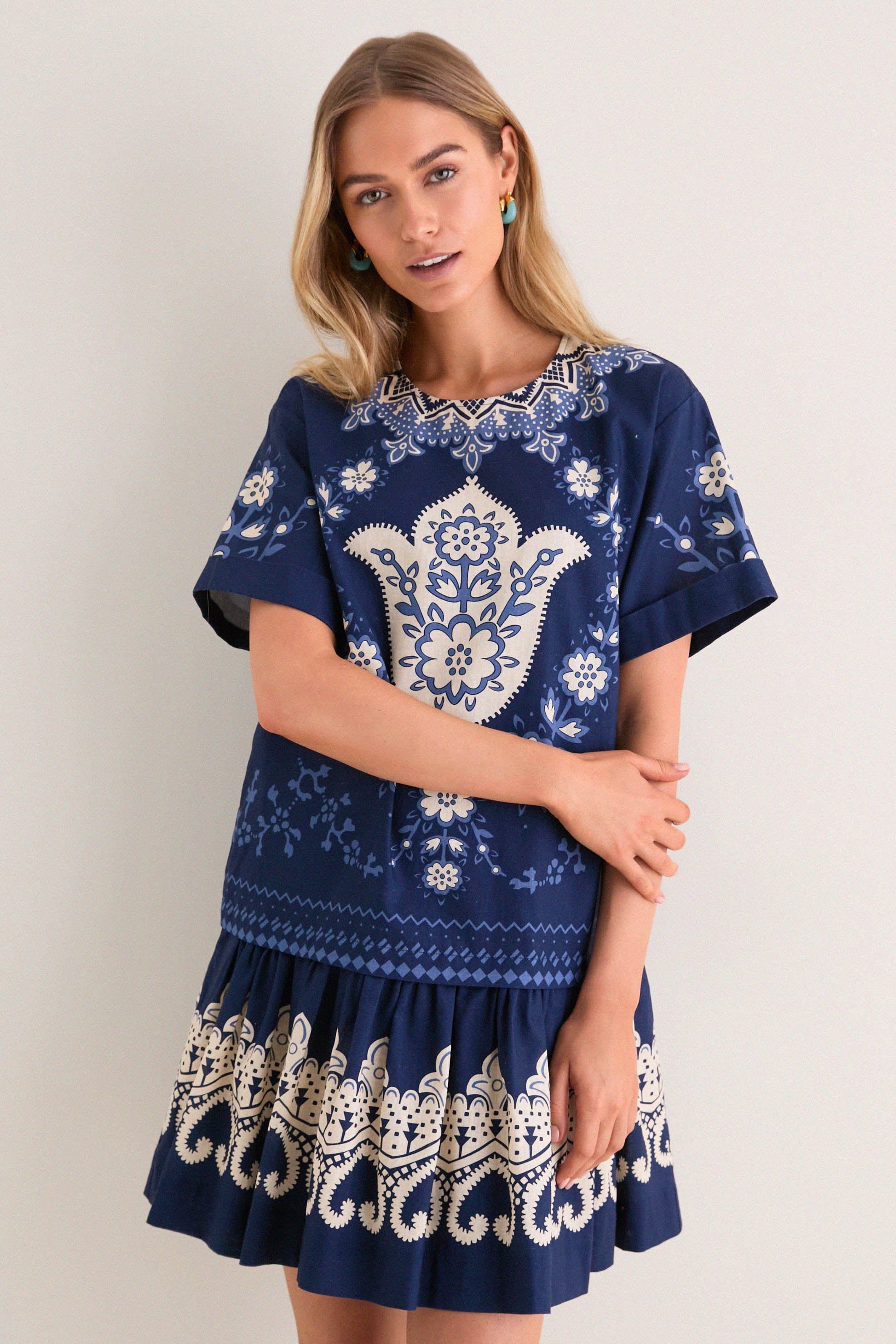 Navy Emelina Print Short Sleeve Mini Dress