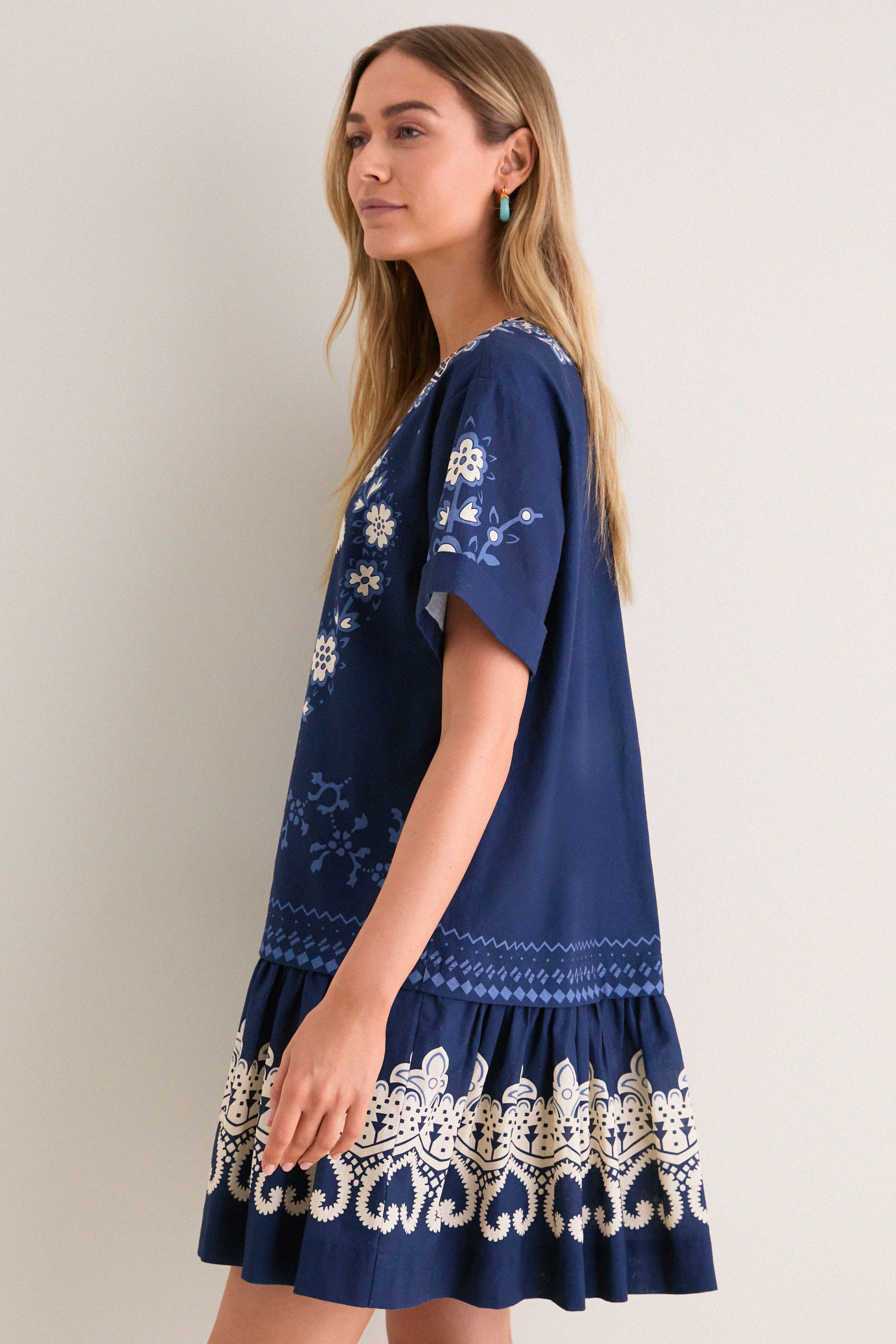Navy Emelina Print Short Sleeve Mini Dress